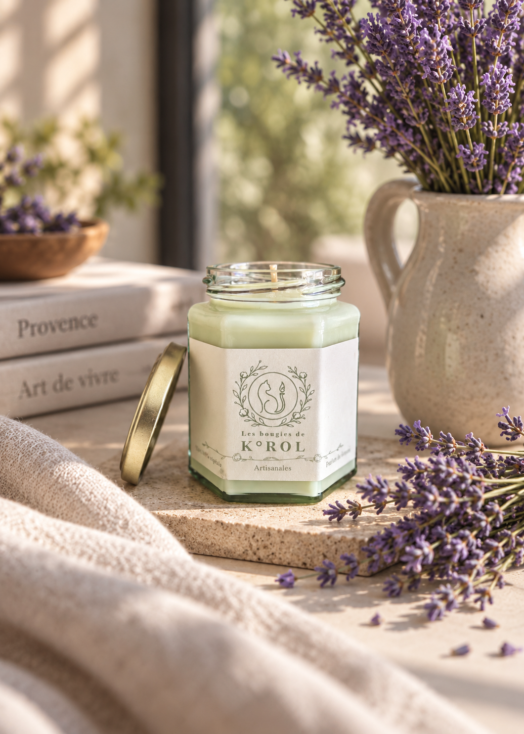 Bougie artisanale K°ROL Lavande en ambiance lifestyle provençale