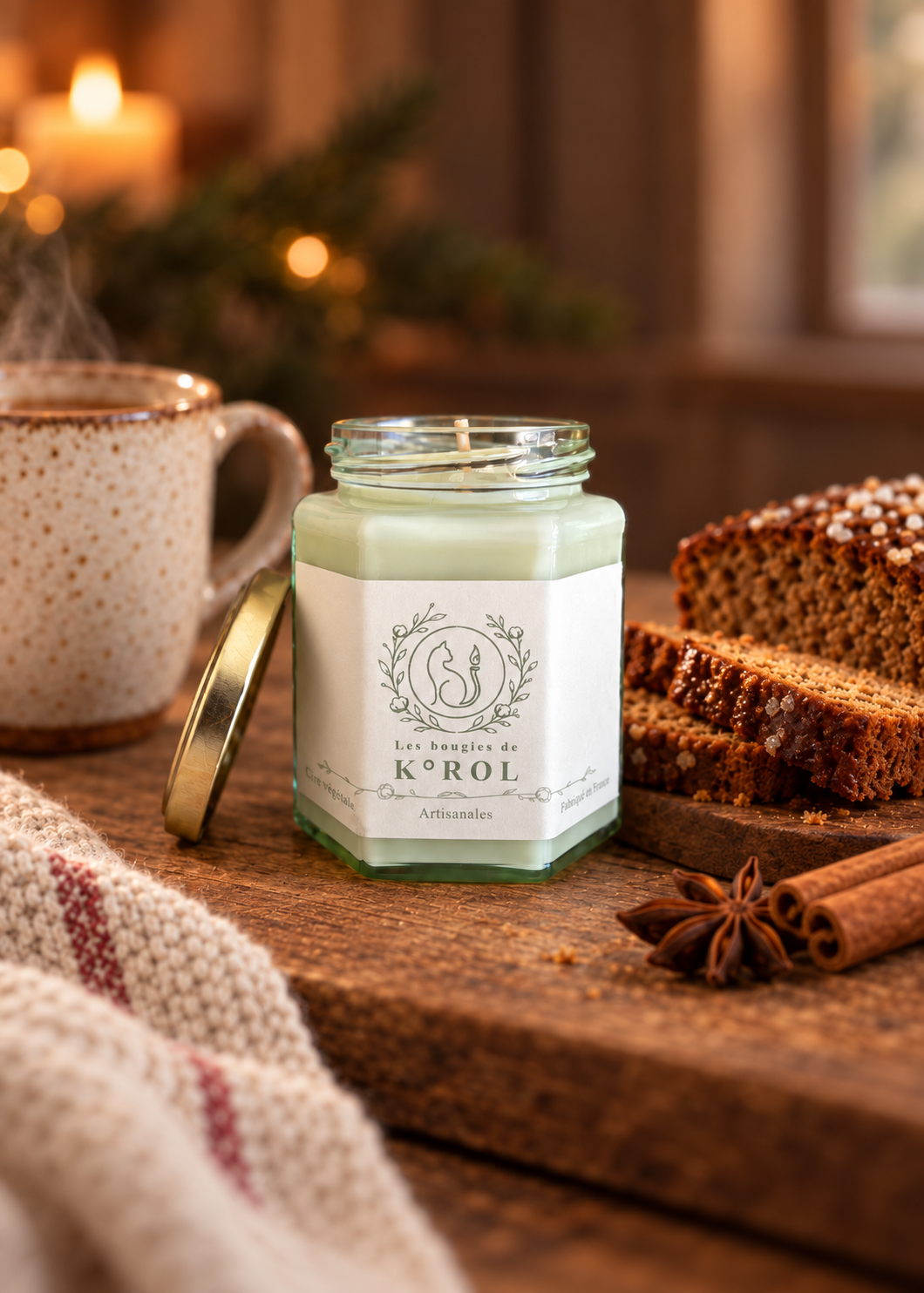 Bougie artisanale K°ROL Pain d'épices en ambiance lifestyle chaleureuse